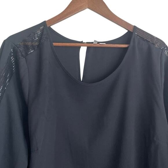 Cato Women Top 14/16 Black Sequin Trim Pleated Back Whimsigoth Fairy Girly Flowy - Picture 11 of 12